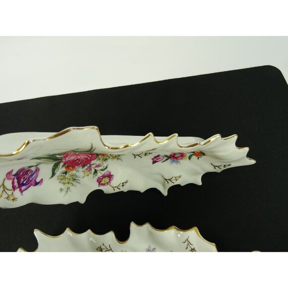 Vintage Dresden Style Leaf Dish Lot of 2 Hand Painted Floral Flowers Gold Trim - Picture 13 of 16